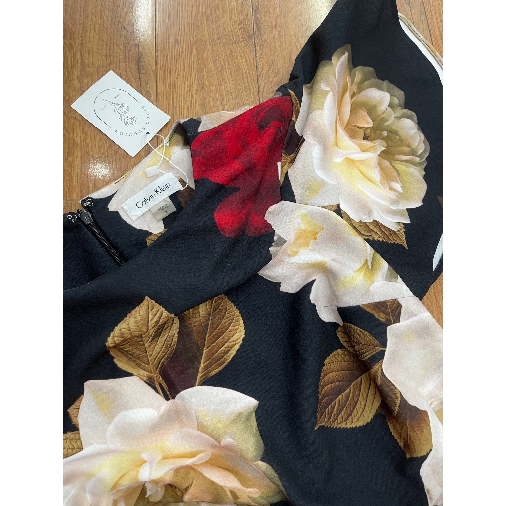 V3078 Váy hoa CALVIN KLEIN Hàng hiệu chính hãng thời trang nữ màu đen size 2 Secondhand thanh lý ký gửi