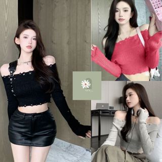 Áo Len Mỏng Ngắn Croptop, Áo Sweater Dệt Kim Trễ Vai Tay Dài Phối Rách Kiểu Phong Cách Hàn Quốc Phù Hợp Mọi Lứa Tuổi Nvn