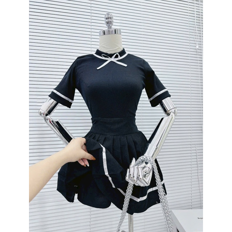 Set Nơ Viền Trắng Đen Mix Váy Xếp Ly MPB - Hàng có sẵn
