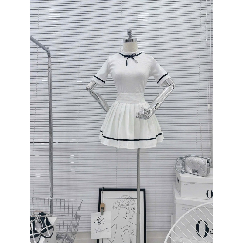 Set Nơ Viền Trắng Đen Mix Váy Xếp Ly MPB - Hàng có sẵn