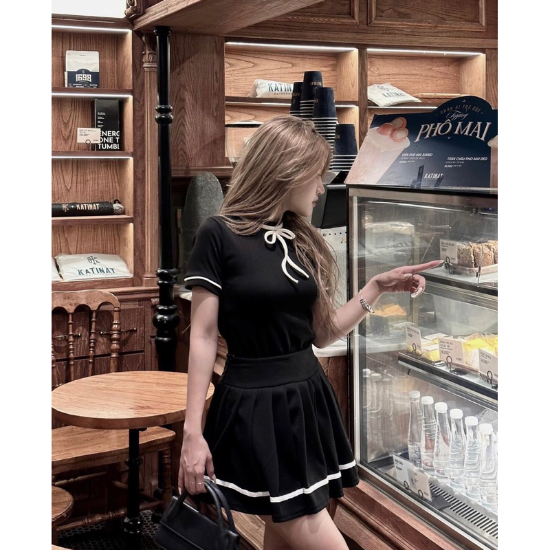 Set Nơ Viền Trắng Đen Mix Váy Xếp Ly MPB - Hàng có sẵn