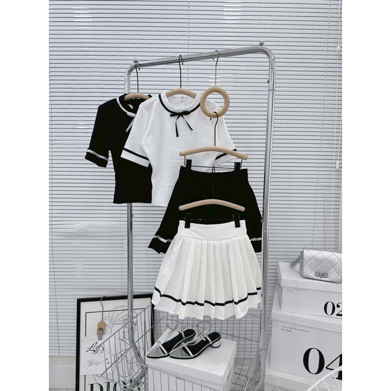 Set Nơ Viền Trắng Đen Mix Váy Xếp Ly MPB - Hàng có sẵn