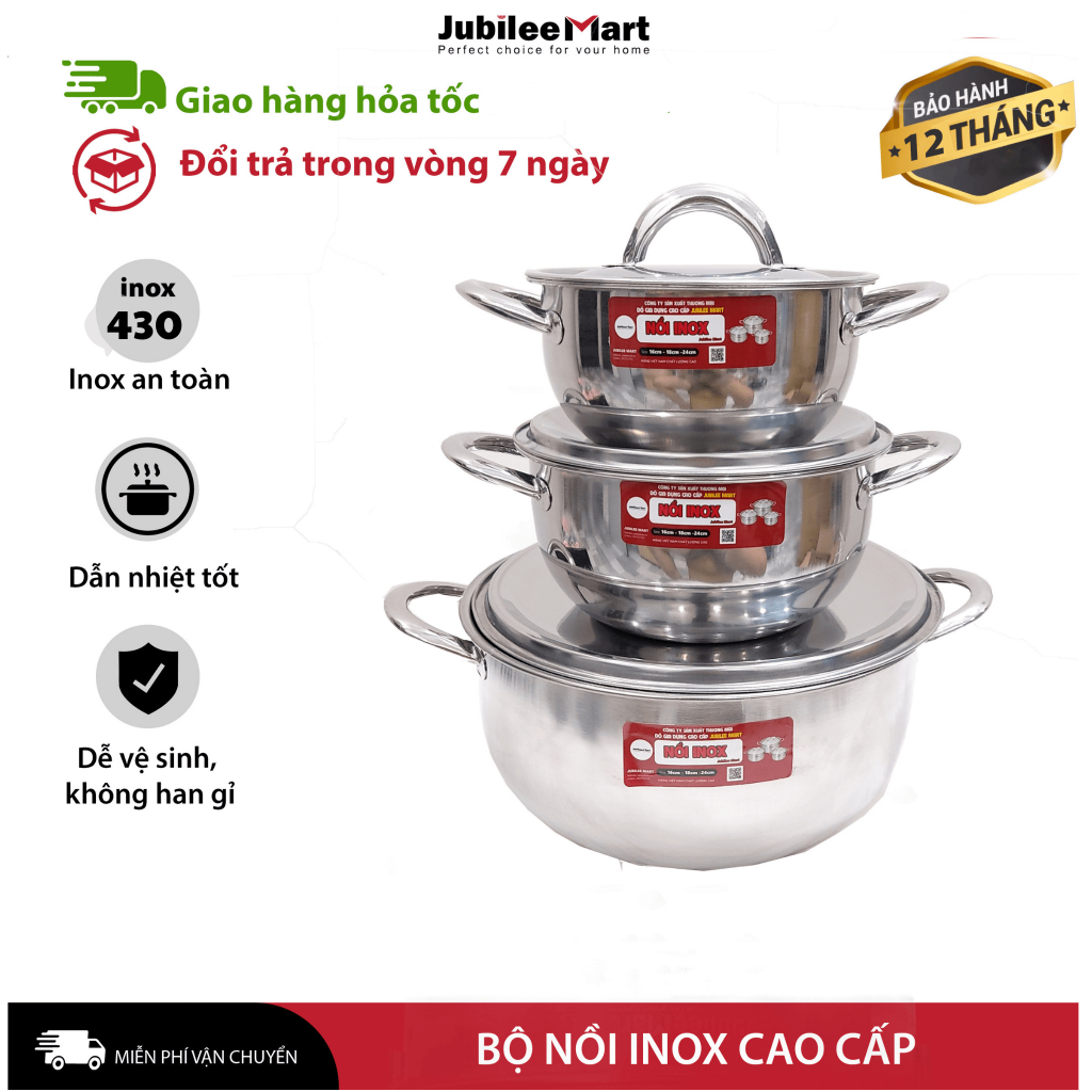 DÙNG ĐƯỢC BẾP TỪ Bộ Nồi Inox 430 Cao Cấp Jubilee Mart, Bộ Nồi Inox Mini Không Kén Bếp, Nồi Inox Giá Rẻ cho mọi gia đình