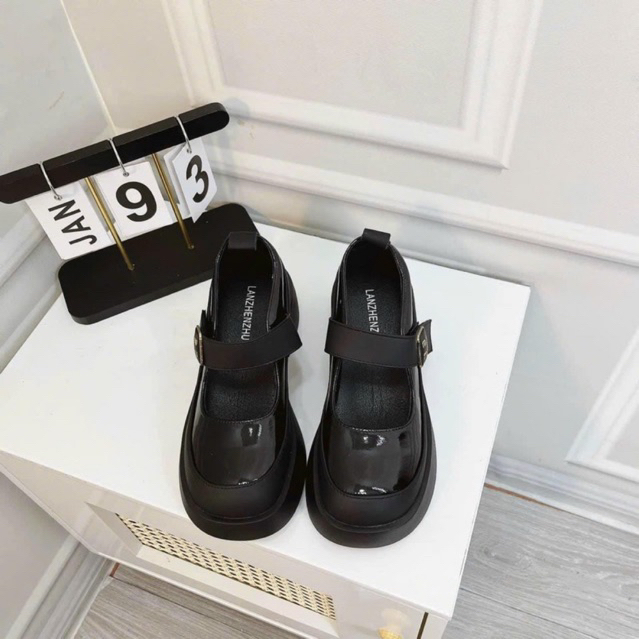 Giày búp bê miu khoá vuông quai ngang da bóng gót vuông hàng QCCC fullbox
