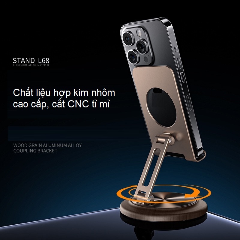 Giá đỡ đế gỗ tự nhiên và vân carbon cho điện thoại iPhone, máy tính bảng iPad chân xoay 360 - L68 L69 Vu Studio