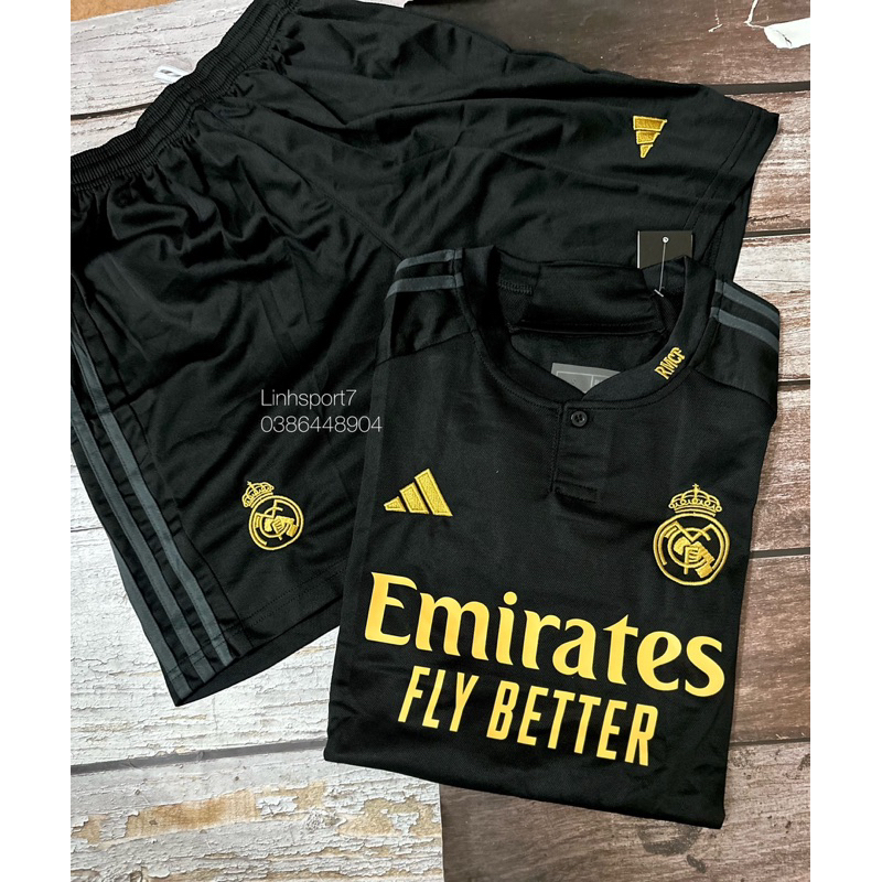 Bộ Áo đấu bóng đá cao cấp Clb Real Madrid 23/24 sân khách mẫu thứ 3 màu đen vải thái full patch