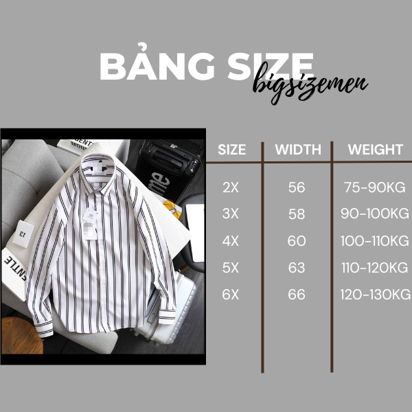 SALE BIGSIZE - Áo sơ mi BB - Boiz nam tay dài họa tiết bigsize kẻ sọc 80kg - 130kg