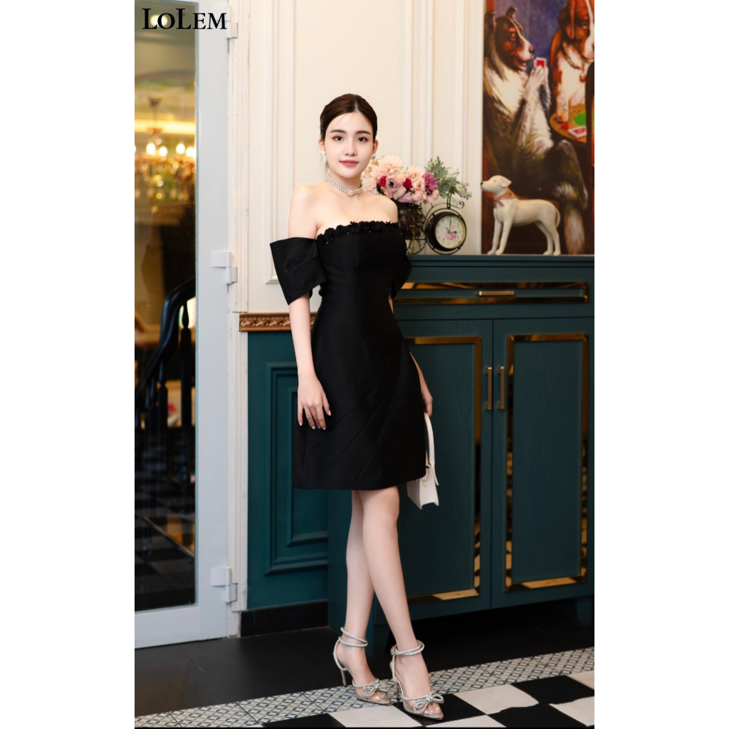 Đầm ôm body cúp ngực LOLEM DO250 đính hoa rớt vai chất vải tafta mềm mại