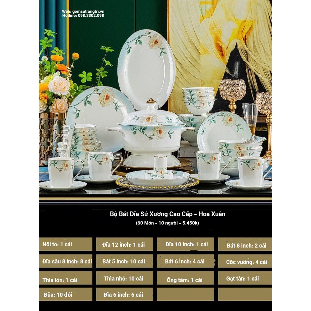 BỘ BÁT ĐĨA SỨ XƯƠNG CAO CẤP - HOA XUÂN