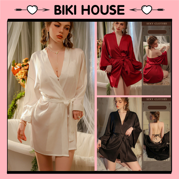 Áo choàng ngủ lụa tay dài cao cấp đen trắng đỏ sang trọng áo khoác ngoài nữ kèm dây cột sexy gợi cảm BIKI HOUSE N191