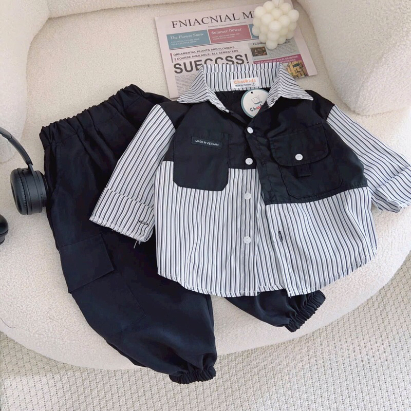 Set sơ mi bé trai " áo thô kẻ phối màu sành điệu kèm quần kaki túi hộp đi học , đi chơi 10-28kg