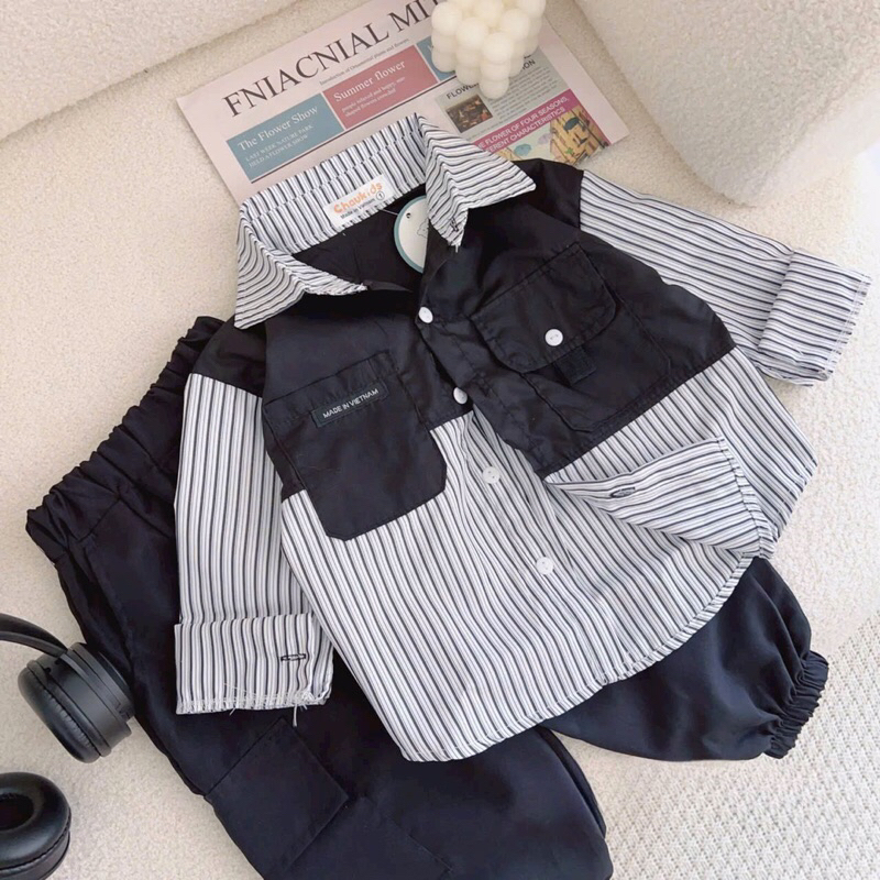 Set sơ mi bé trai " áo thô kẻ phối màu sành điệu kèm quần kaki túi hộp đi học , đi chơi 10-28kg