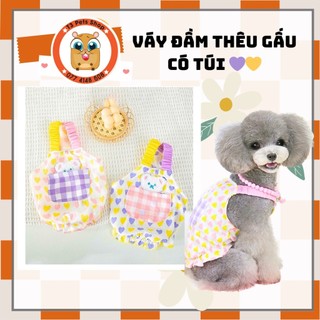 Váy đầm in tim liti thêu gấu cho chó mèo