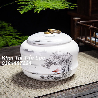 Hũ đựng trà Sơn thủy nhân gian hữu tình bằng gốm sứ