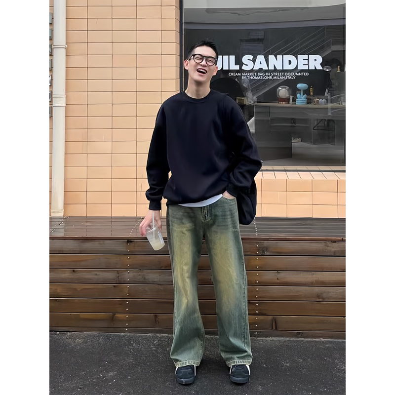 Áo sweater nỉ trơn lót bông AMOR STUDIO dày dặn unisex size tới 85kg