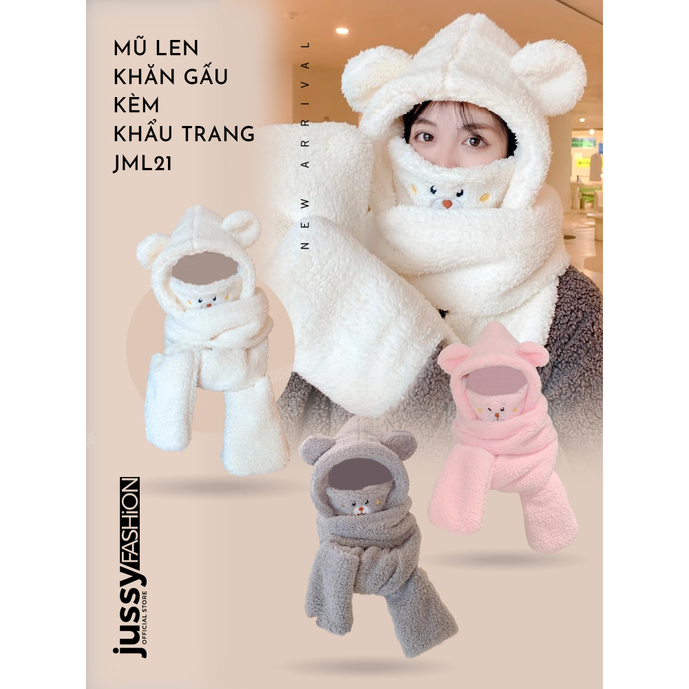 Mũ Len Tai Gấu Trùm Đầu JML21 Kèm Khăn, Khẩu Trang Và Găng Tay 4 Trong 1 Jussy Official Mũ Gấu Len Lông Dày Mịn Ấm Áp