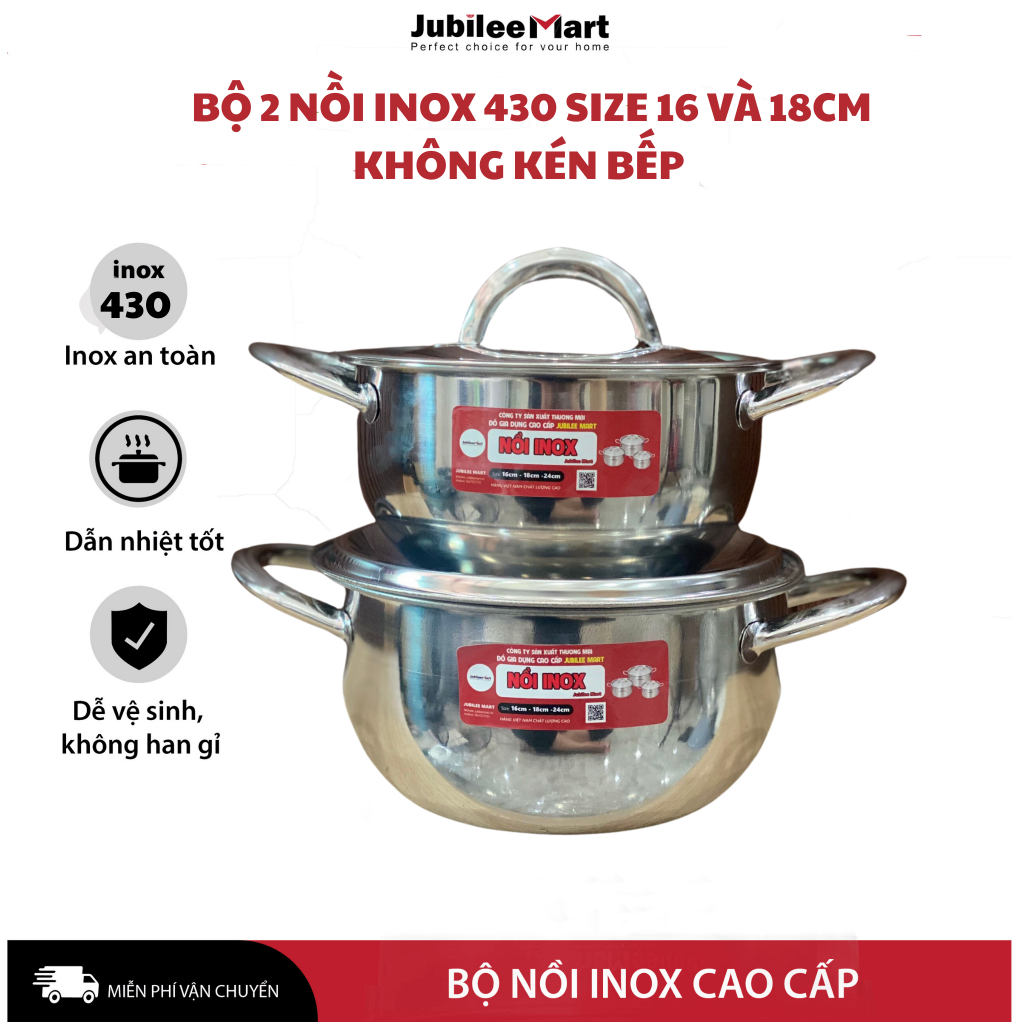 DÙNG ĐƯỢC BẾP TỪ Bộ 2 Nồi Inox 430 Cao Cấp Jubilee Mart sIze 16 và 18cm Bộ Nồi Inox Mini Không Kén Bếp