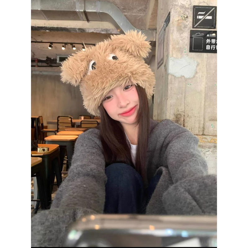 Mũ nữ lông vũ trùm đầu rua tia tai thỏ mắt nhòm dễ thương , phụ kiện thời trang nữ hàn quốc