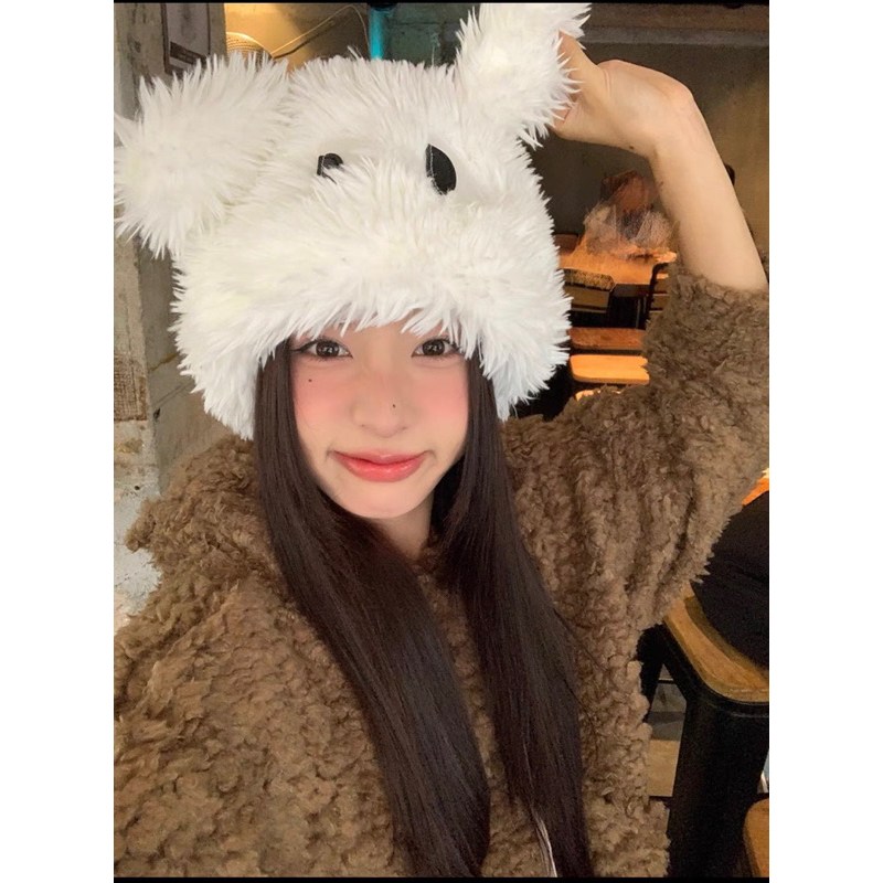 Mũ nữ lông vũ trùm đầu rua tia tai thỏ mắt nhòm dễ thương , phụ kiện thời trang nữ hàn quốc