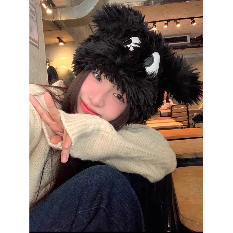 Mũ nữ lông vũ trùm đầu rua tia tai thỏ mắt nhòm dễ thương , phụ kiện thời trang nữ hàn quốc