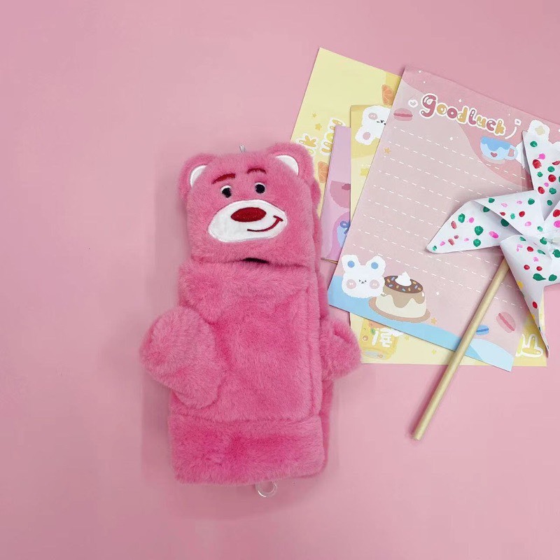 Găng Tay Hở Ngón Gấu Dâu Lotso 2 In 1 Giữ Ấm Mùa Đông Siêu Dễ Thương