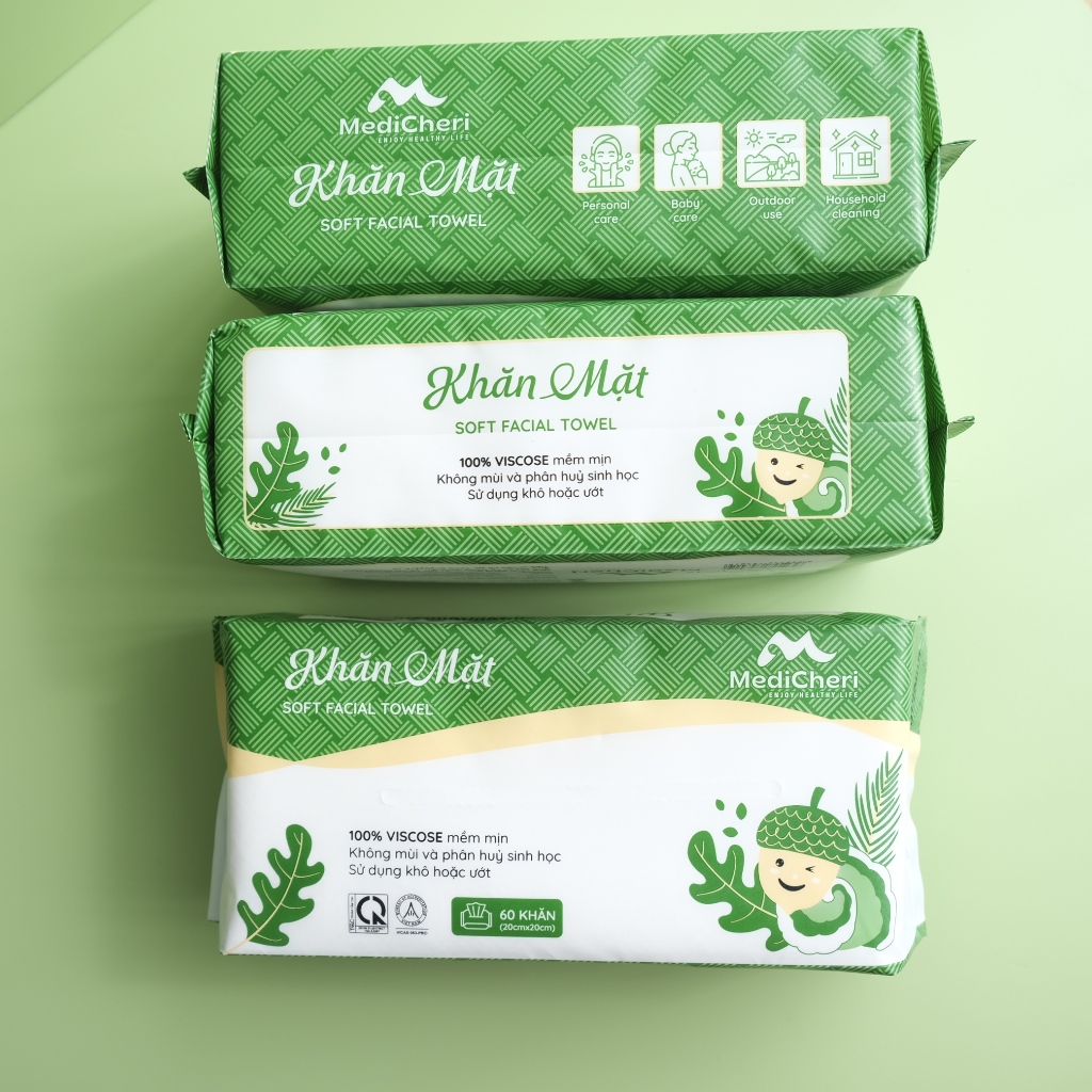 Khăn mặt khô MediCheri 100% vụn gỗ sồi nguyên chất dùng 1 lần lau khô, lau ướt dạng gói rút 60 chiếc/gói