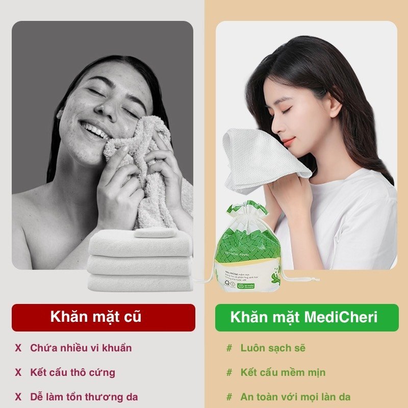 Khăn mặt khô MediCheri 100% vụn gỗ sồi nguyên chất dùng 1 lần lau khô, lau ướt dạng gói rút 60 chiếc/gói