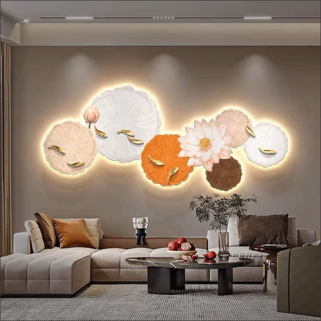 Tranh đèn led tráng gương UV cá chép và hoa sen trang trí phòng khách