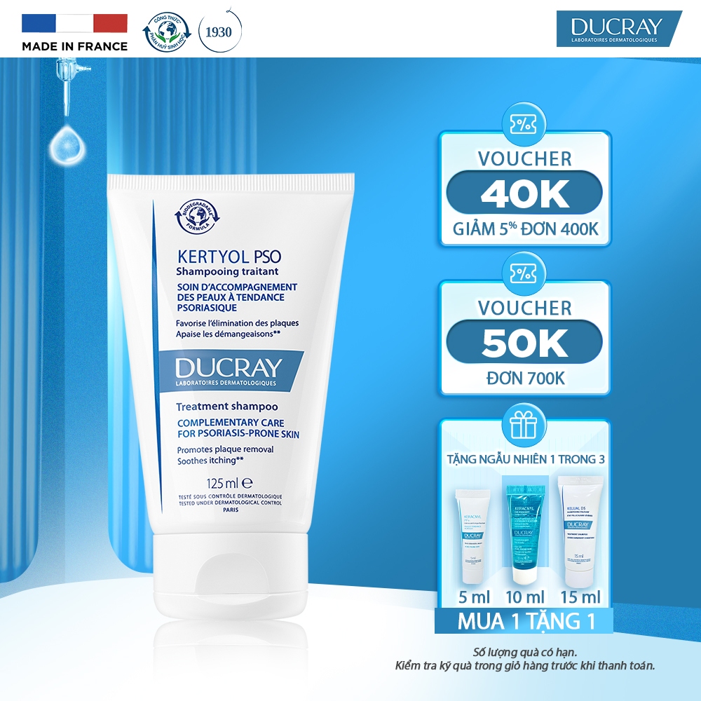 Dầu gội hỗ trợ tái cân bằng cho da đầu bị vảy nến, mảng bám, gàu nặng & ngứa Ducray Kertyol Pso Treatment Shampoo 125ml