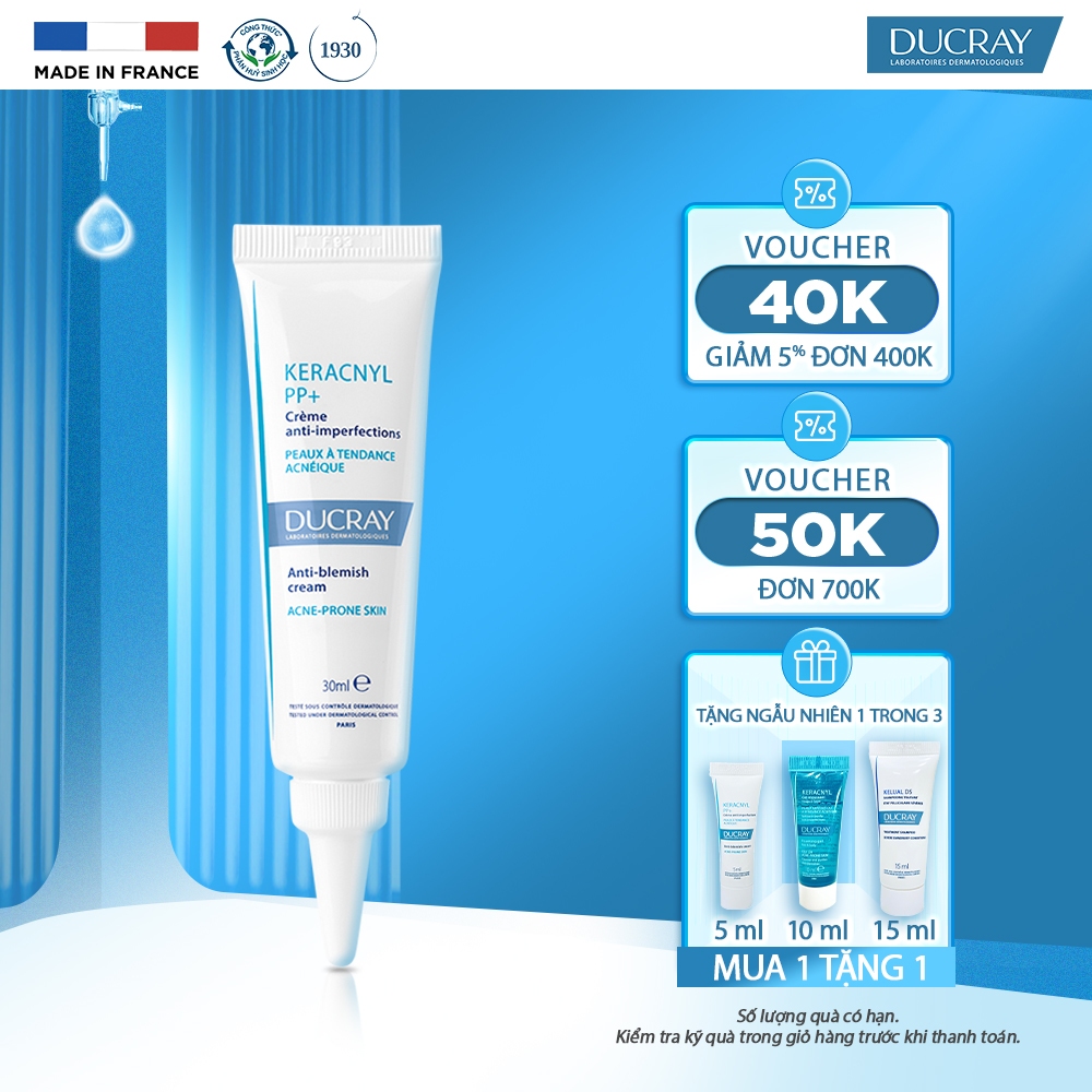 Kem ngừa mụn viêm & thâm chuyên biệt dành cho da nhờn, tổn thương Ducray Keracnyl PP+ Anti-Blemish Cream 30ml
