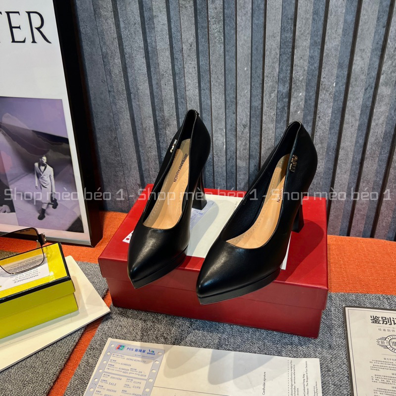Giày cao gót miu mũi nhọn đế đúp da lì gót trụ fullbox hàng quảng châu cao cấp