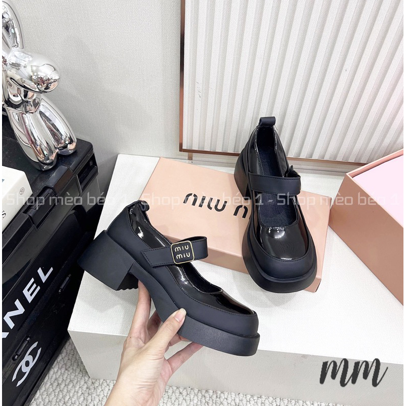 Giày búp bê miu quai ngang mũi tròn viền pha đế vuông fullbox