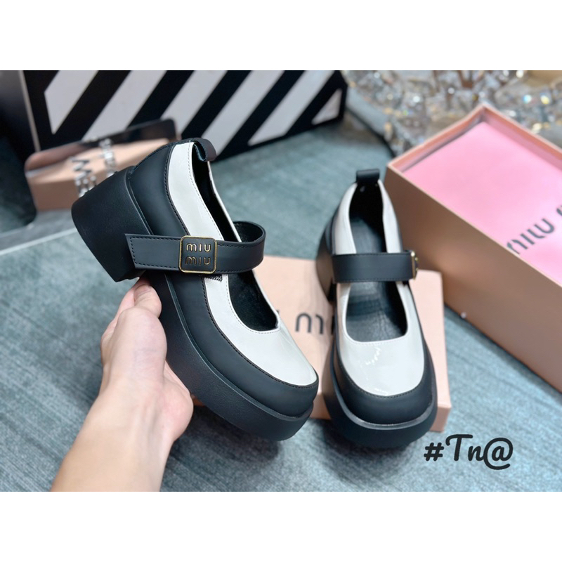 Giày búp bê miu quai ngang mũi tròn viền pha đế vuông fullbox