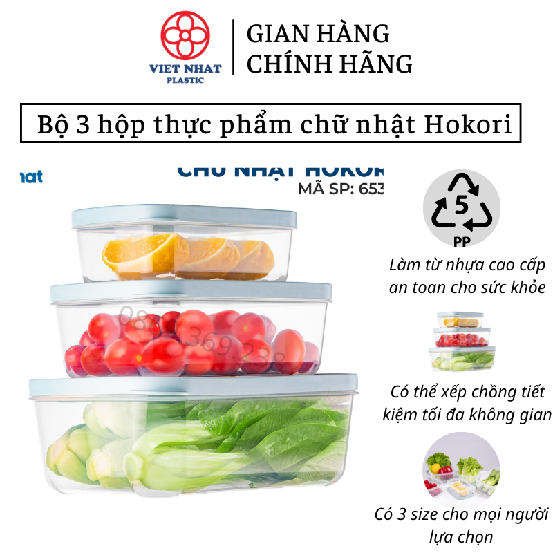 Bộ hộp đựng thực phẩm, lưu trữ đồ ăn nhựa cao cấp hokori có nắp 6533