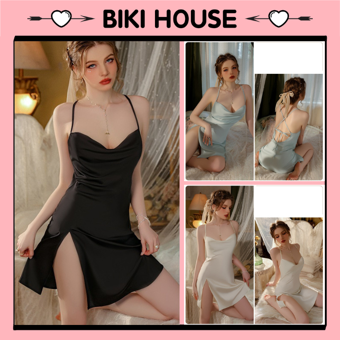 Váy ngủ sexy lụa cổ đổ cao cấp xẻ tà đùi gợi cảm sang trọng đầm hot girl mặc nhà cột dây lưng quyến rũ BIKI HOUSE N202