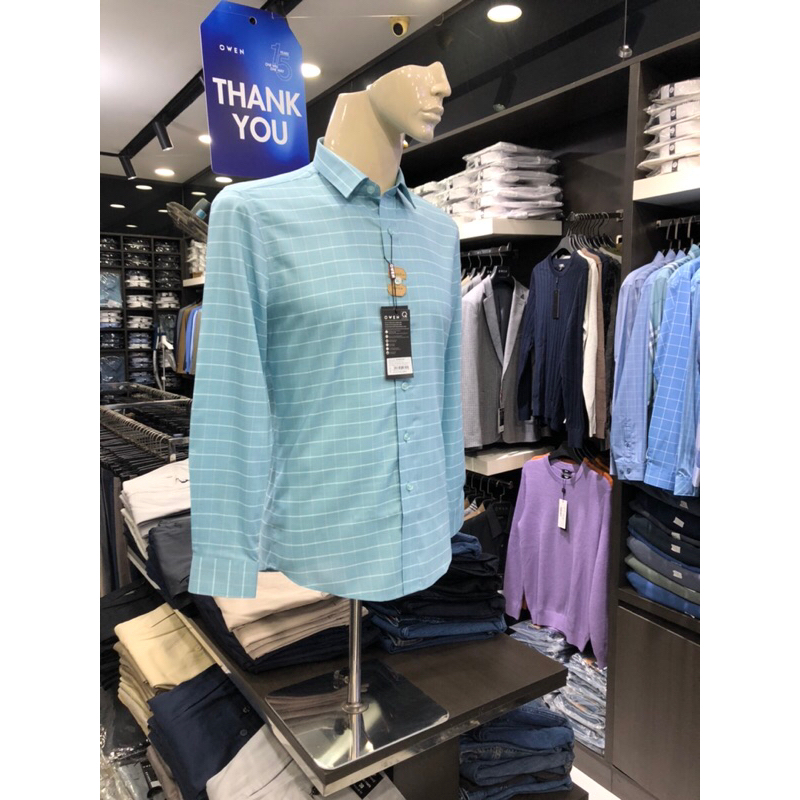 Áo sơ mi owen dài tay màu kẻ caro xanh mint slim fit vải sợi tre AS230574D