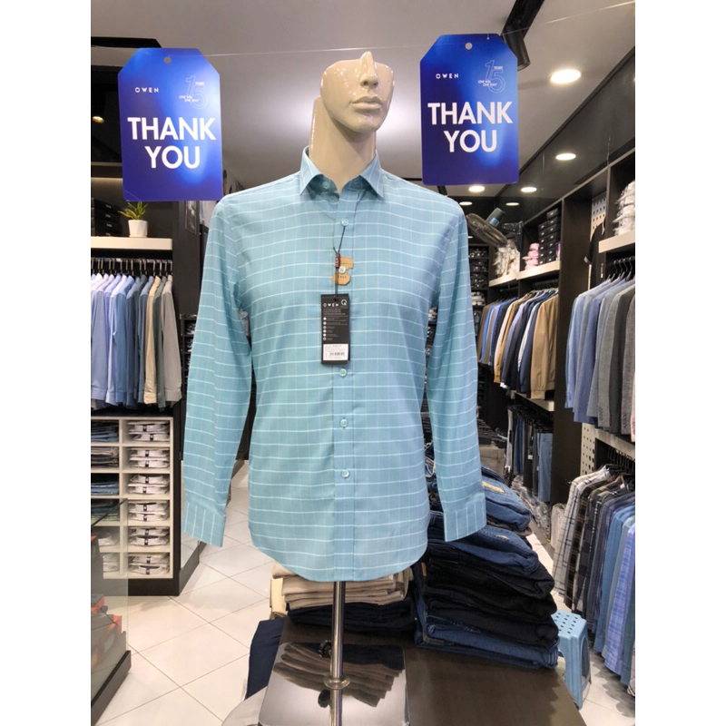 Áo sơ mi owen dài tay màu kẻ caro xanh mint slim fit vải sợi tre AS230574D