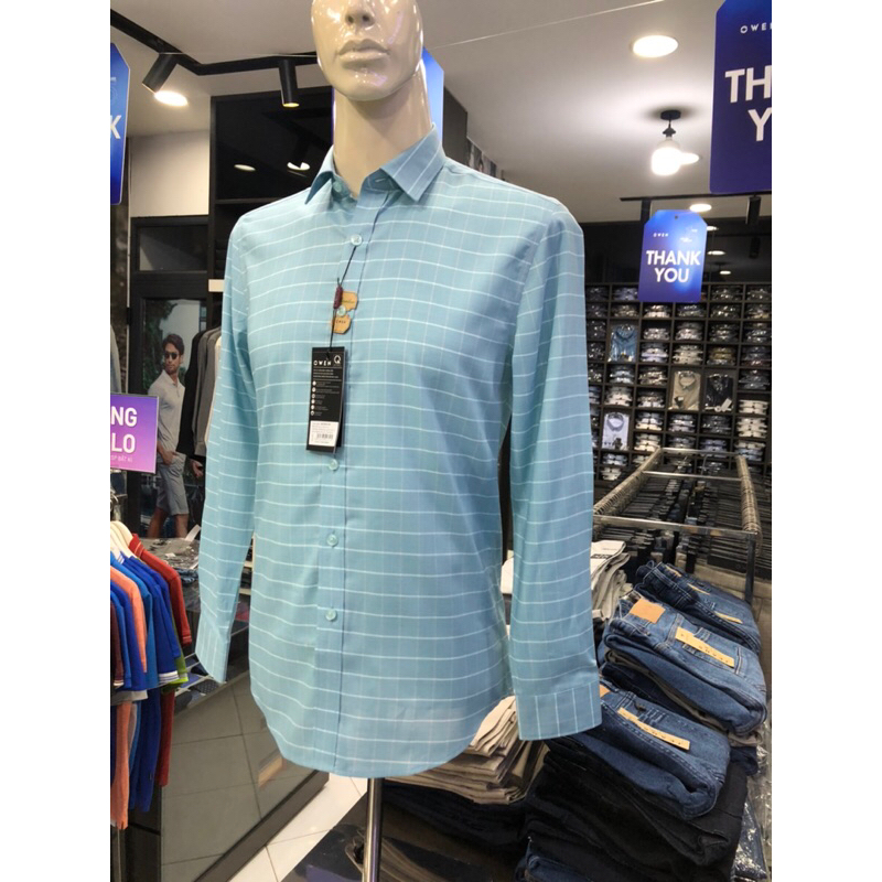 Áo sơ mi owen dài tay màu kẻ caro xanh mint slim fit vải sợi tre AS230574D