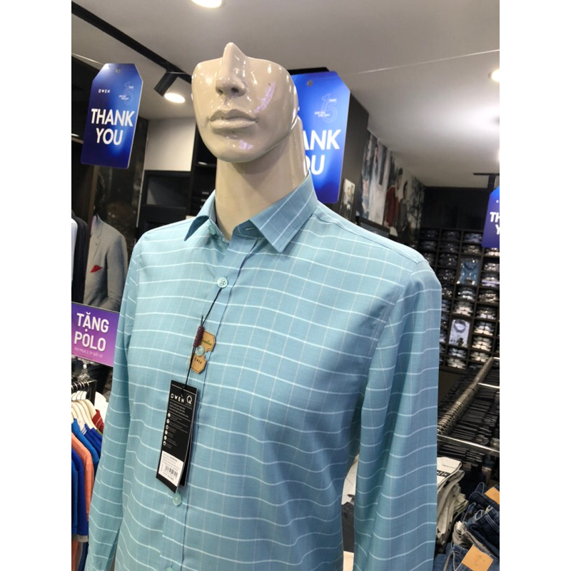 Áo sơ mi owen dài tay màu kẻ caro xanh mint slim fit vải sợi tre AS230574D
