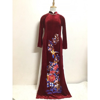 Áo dài Nhung thêu màu đỏ đô