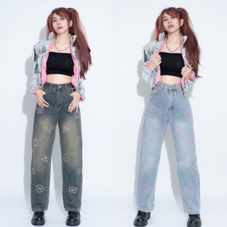 Quần Jean Nữ Lưng Cao Thêu Họa Tiết Màu Hồng Cá Tính