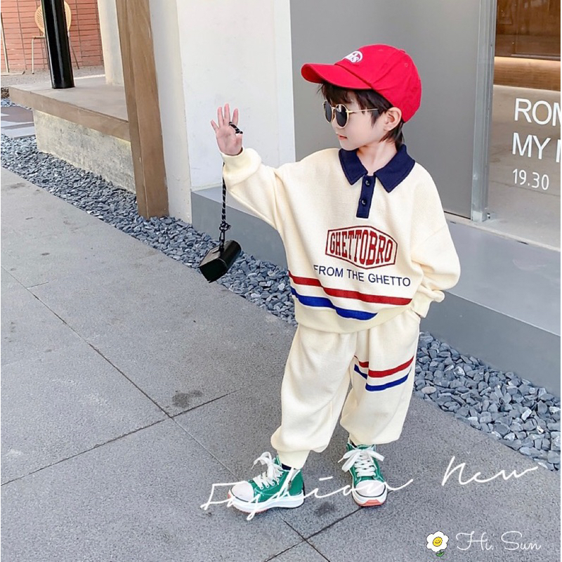 Set bộ nỉ cổ polo Ghettobro màu be nhà Hisun cho bé trai bé gái size từ 12-48 cân