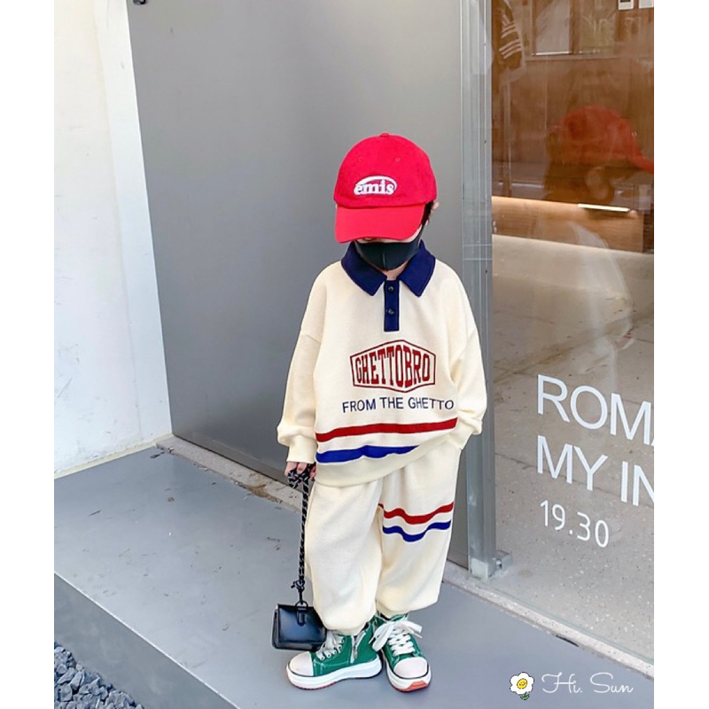 Set bộ nỉ cổ polo Ghettobro màu be nhà Hisun cho bé trai bé gái size từ 12-48 cân