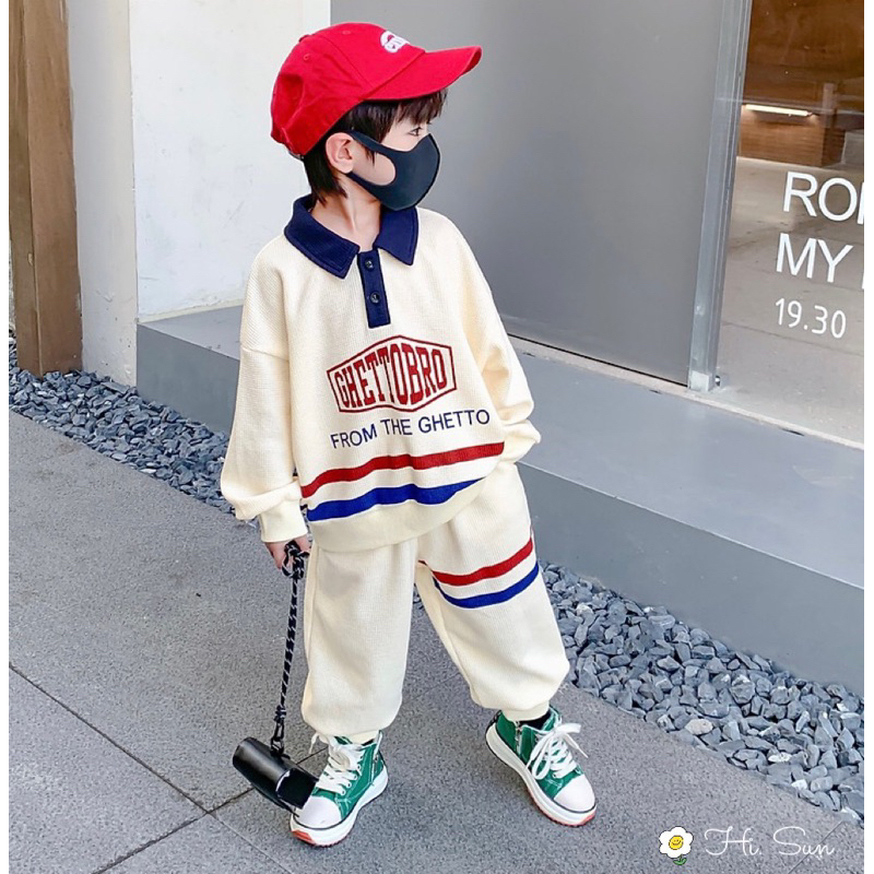 Set bộ nỉ cổ polo Ghettobro màu be nhà Hisun cho bé trai bé gái size từ 12-48 cân