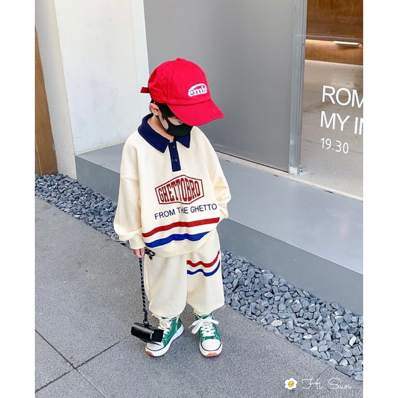 Set bộ nỉ cổ polo Ghettobro màu be nhà Hisun cho bé trai bé gái size từ 12-48 cân