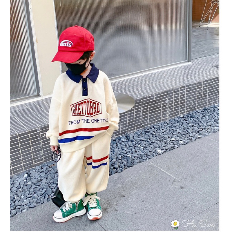 Set bộ nỉ cổ polo Ghettobro màu be nhà Hisun cho bé trai bé gái size từ 12-48 cân