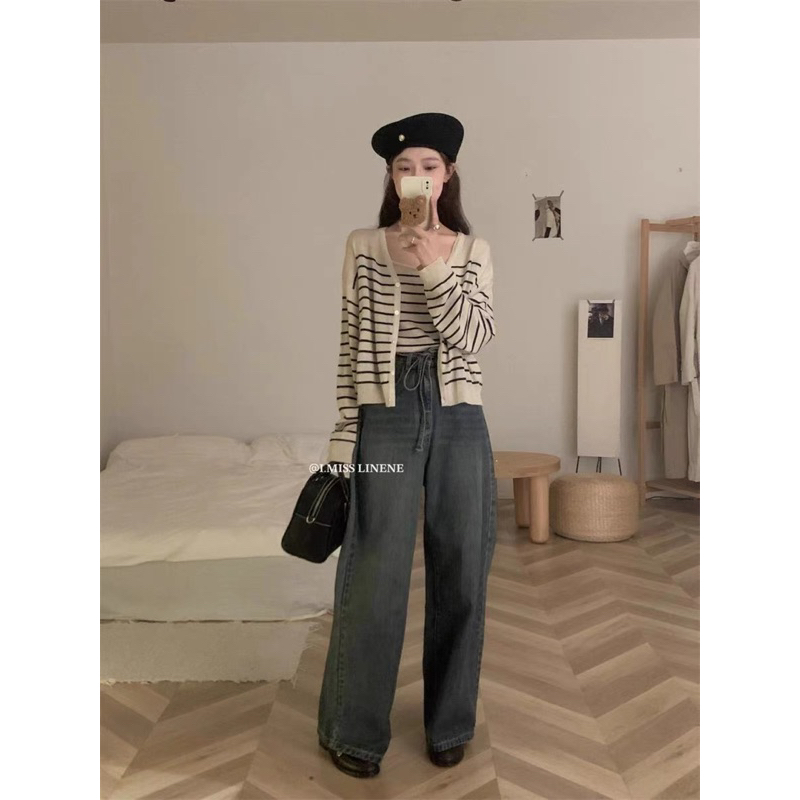 Set len khoác kẻ mỏng 2 chi tiết 23'September