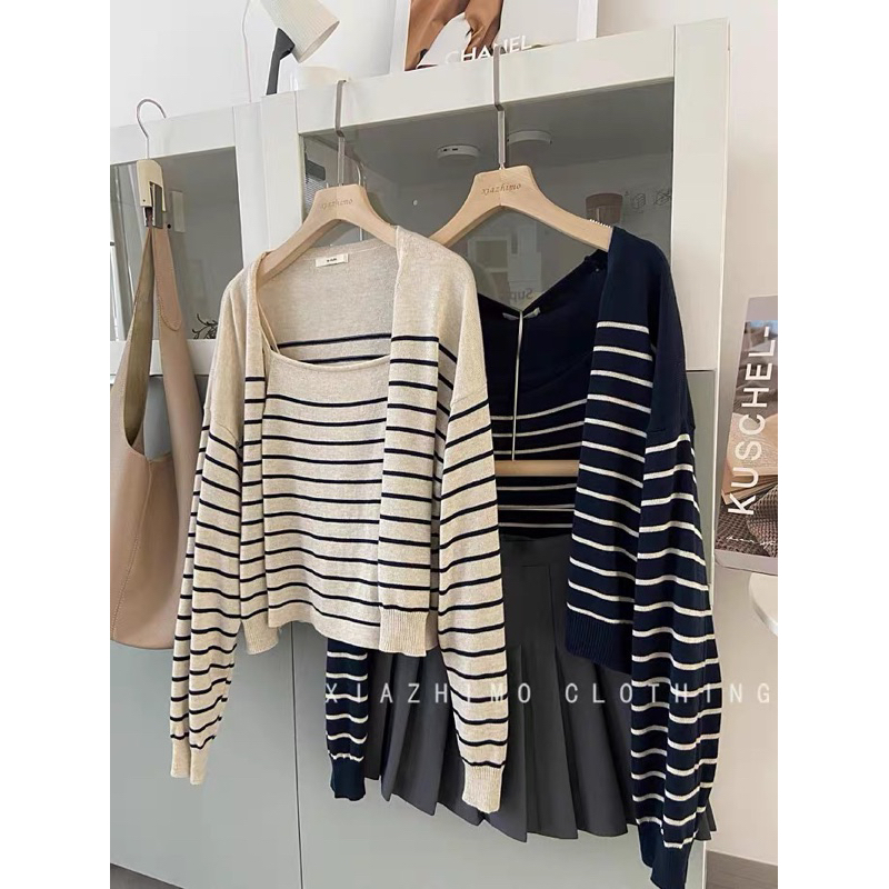 Set len khoác kẻ mỏng 2 chi tiết 23'September