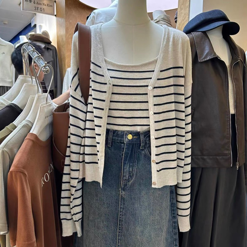 Set len khoác kẻ mỏng 2 chi tiết 23'September