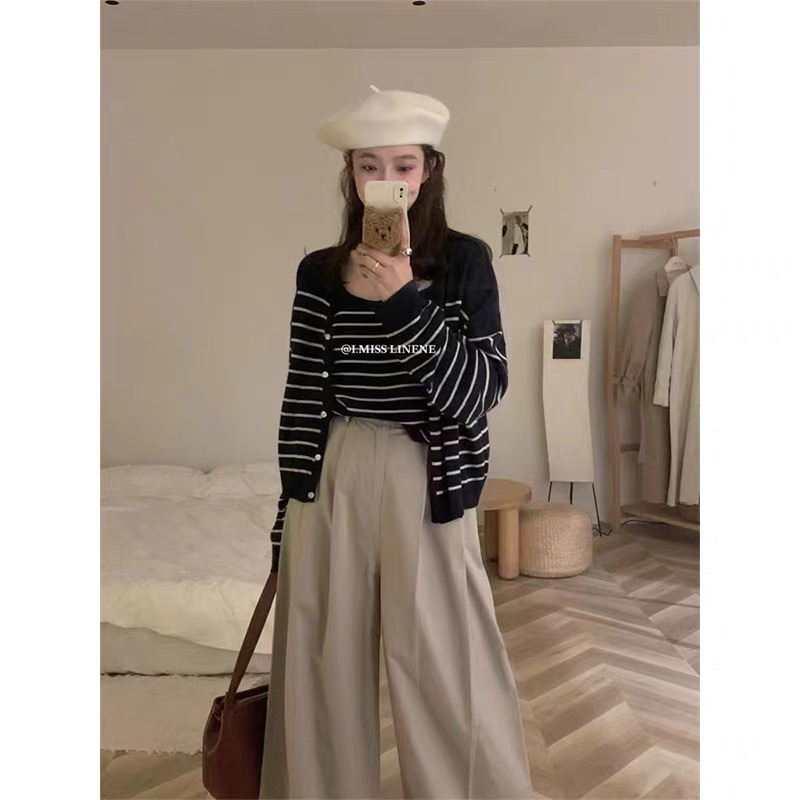 Set len khoác kẻ mỏng 2 chi tiết 23'September